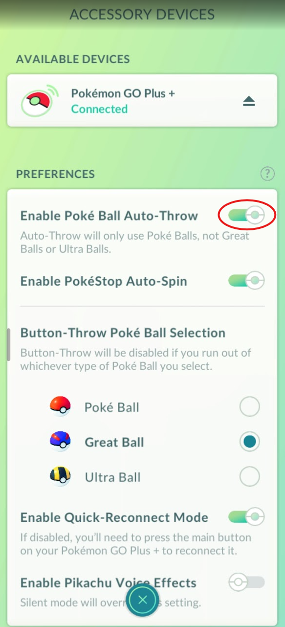 Auto-throw enabled settings for Pokémon GO Plus +