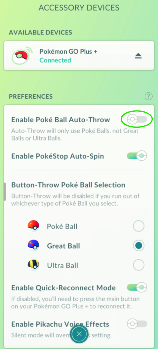 Auto-throw disabled settings for Pokémon GO Plus +